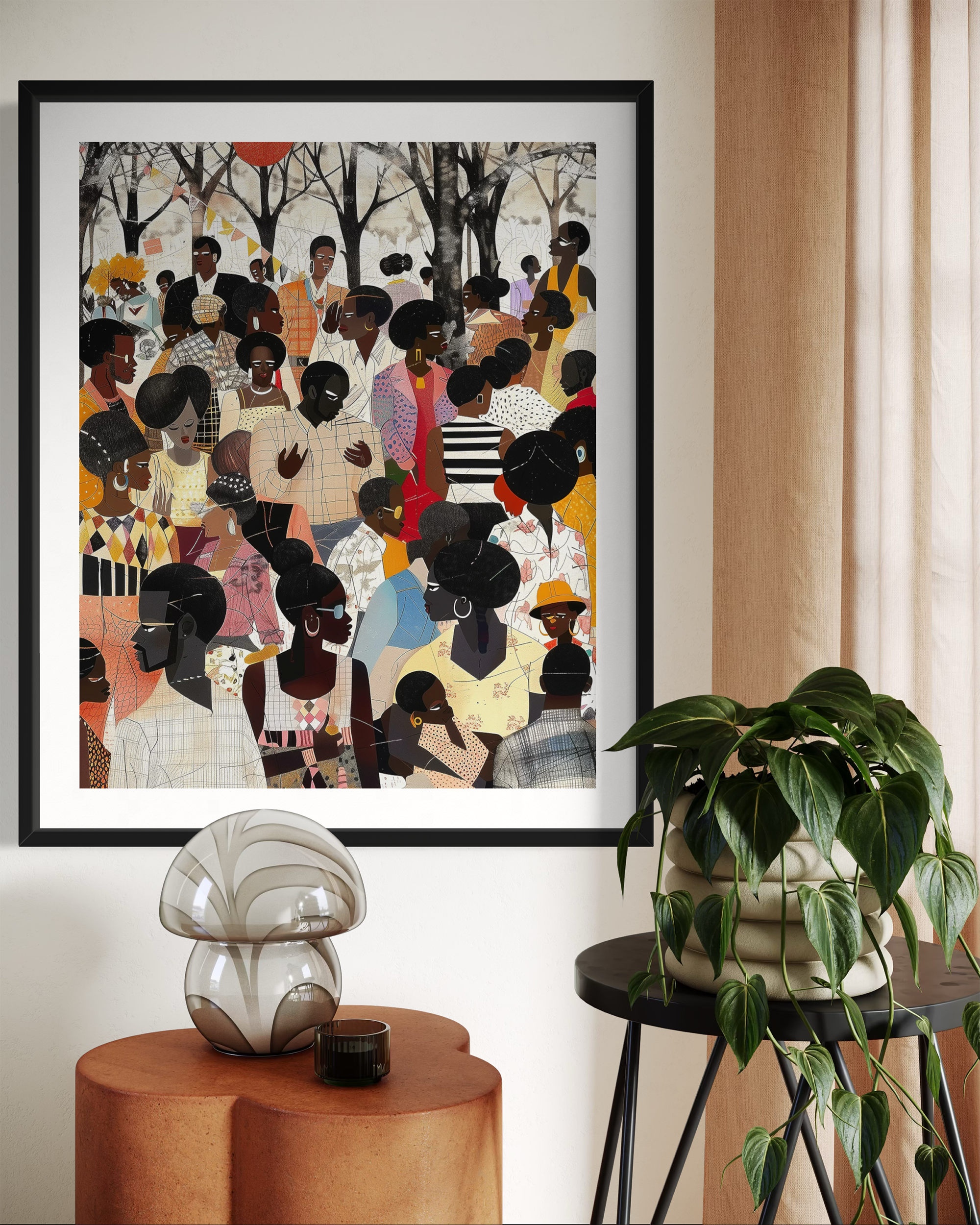Juneteenth Art Print featuring an African American family reunion celebration in an Afrocentric outdoor setting. Vibrant digital artwork showcasing Black joy, unity, and heritage with bold colors representing freedom and cultural pride.