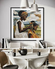 Black mother braiding her daughter’s natural hair outside under a sunny day.  Afrocentric art print showcasing hair care ritual, protective styling, and generational bonding.