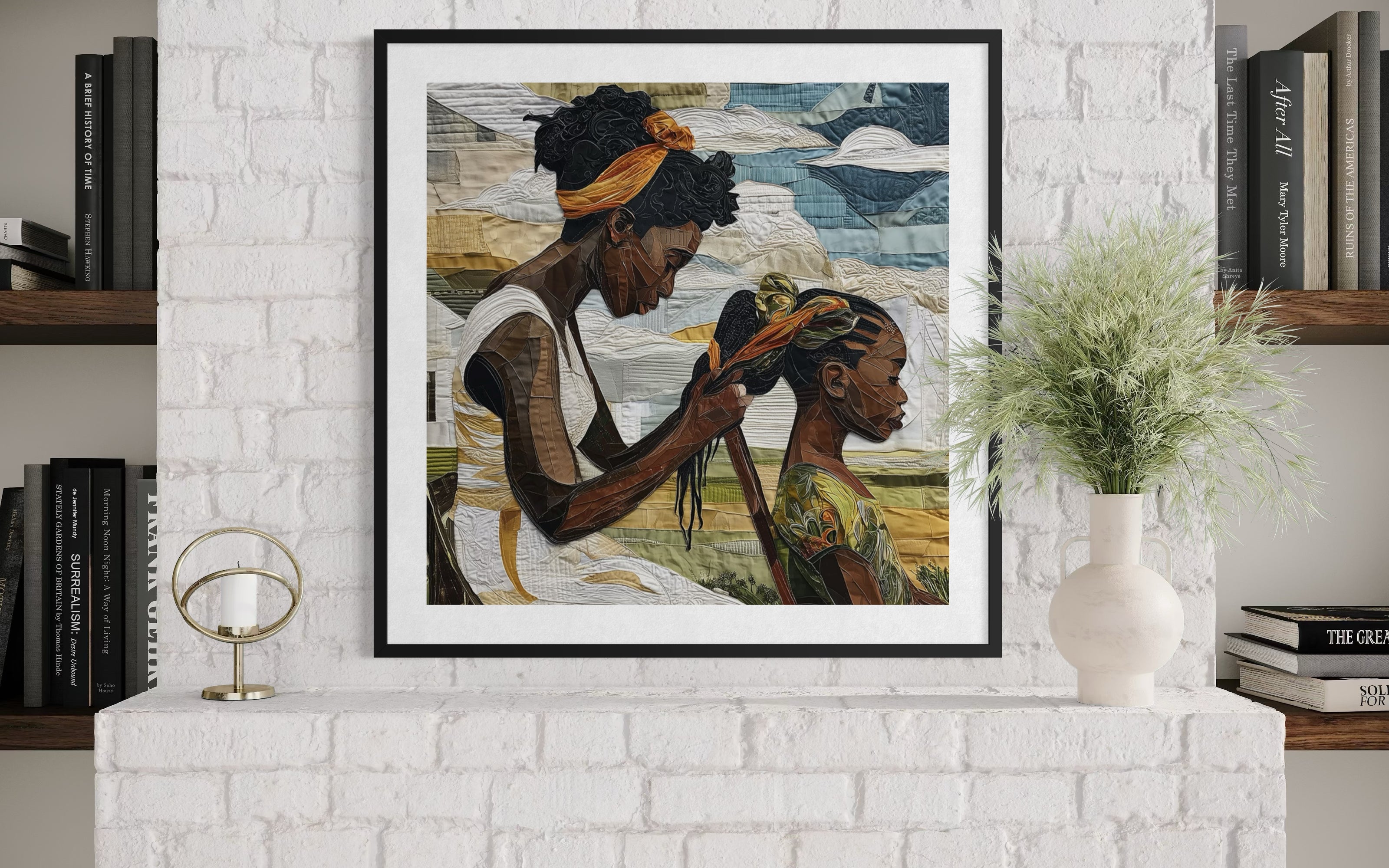 Black mother braiding her daughter’s hair sitting outside on a sunny day. Afrocentric art print showcasing hair care ritual, protective styling, and generational bonding.