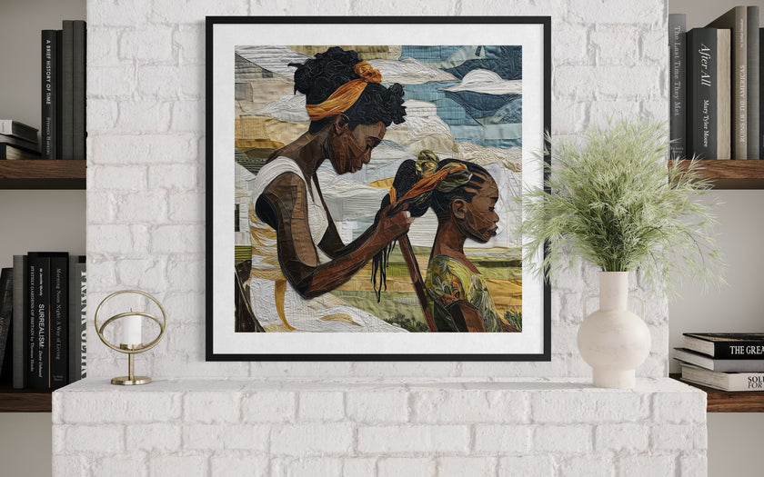 Black mother braiding her daughter’s hair sitting outside on a sunny day. Afrocentric art print showcasing hair care ritual, protective styling, and generational bonding.