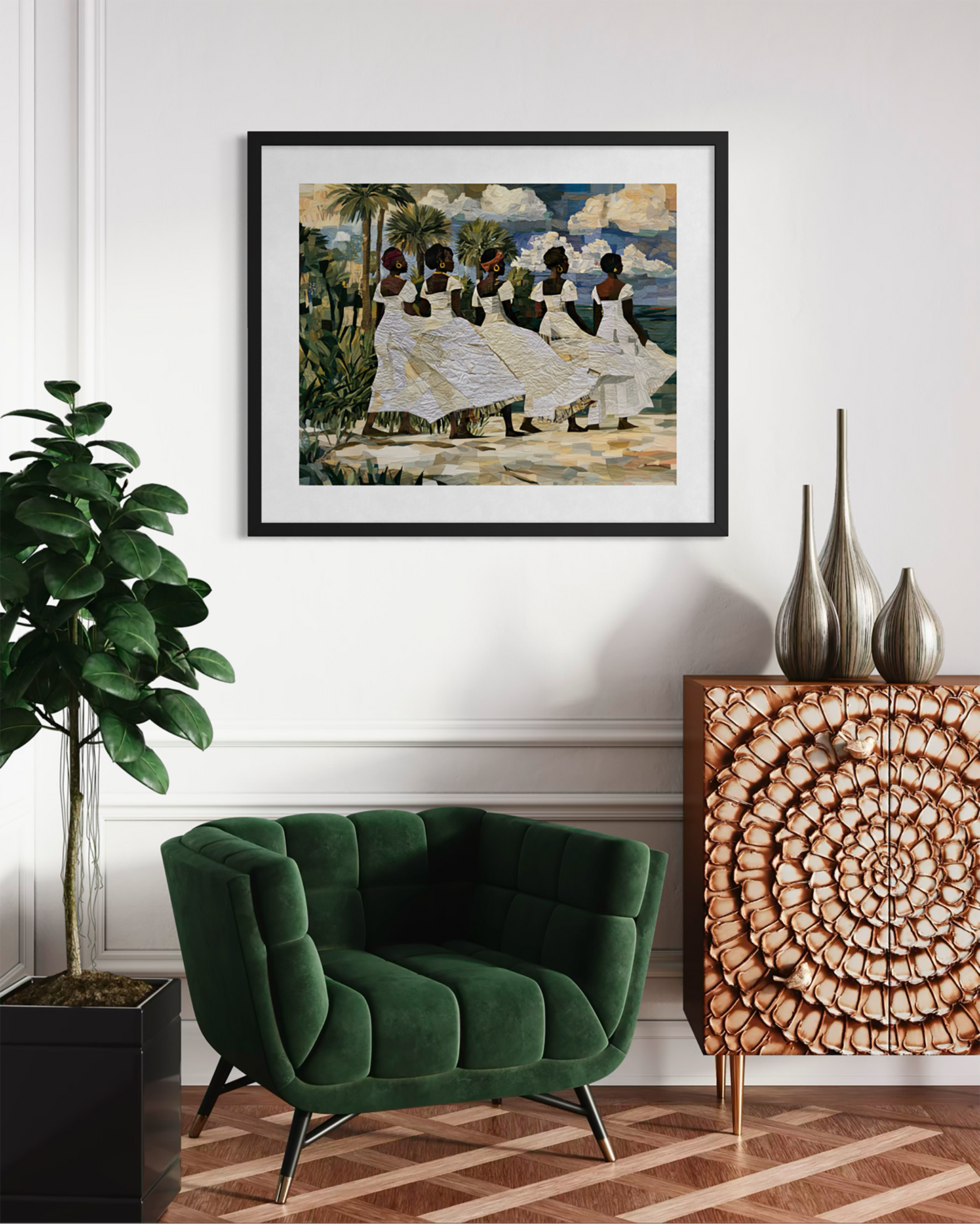 Framed fine art print depicting Afrocentric Gullah Geechee women dressed in white faux quilt-style pattern dresses celebrating Black Lowcountry coastal heritage, African American ancestry, cultural traditions, family, community, and life rooted by the sea. Framed art styled in a modern living room setting above a green velvet armchair and next to a decorative wooden cabinet.