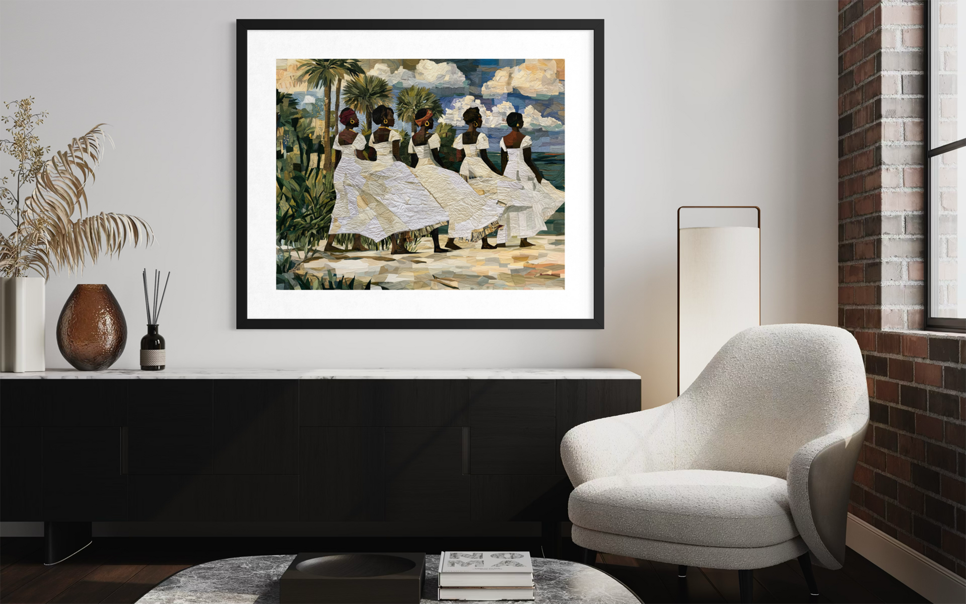 Framed fine art print depicting Afrocentric Gullah Geechee women dressed in white faux quilt-style pattern dresses celebrating Black Lowcountry coastal heritage, African American ancestry, cultural traditions, family, community, and life rooted by the sea.  Displayed on a light gray wall above a black console table in a modern living room setting.