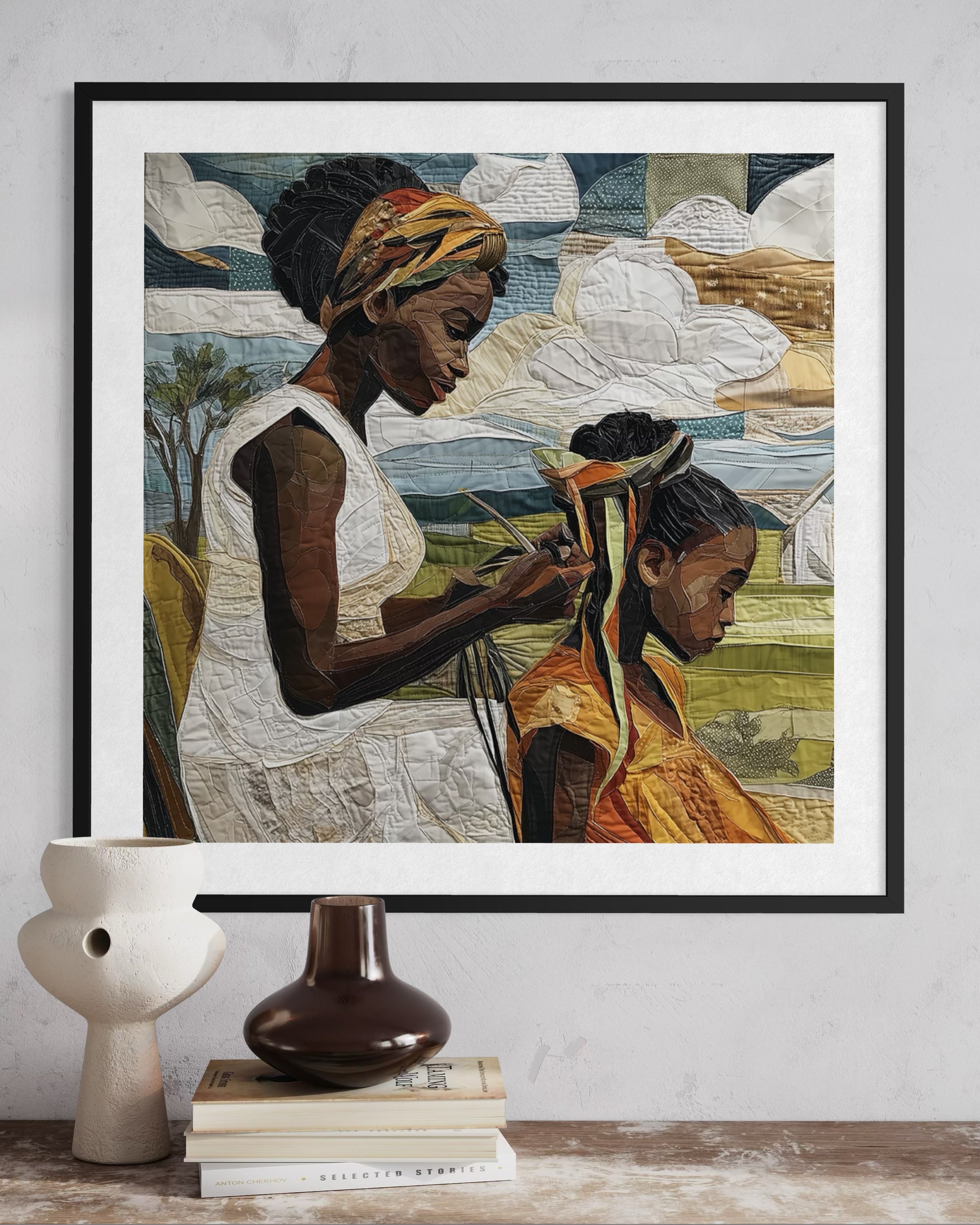 Black mother braiding her daughter’s natural hair outside under a sunny day.  Afrocentric art print showcasing hair care ritual, protective styling, and generational bonding.