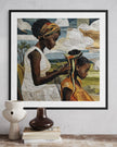 Black mother braiding her daughter’s natural hair outside under a sunny day.  Afrocentric art print showcasing hair care ritual, protective styling, and generational bonding.