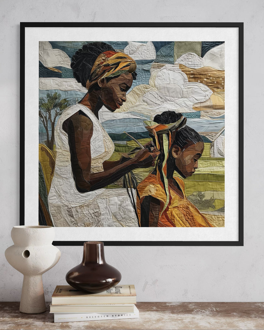 Black mother braiding her daughter’s natural hair outside under a sunny day.  Afrocentric art print showcasing hair care ritual, protective styling, and generational bonding.