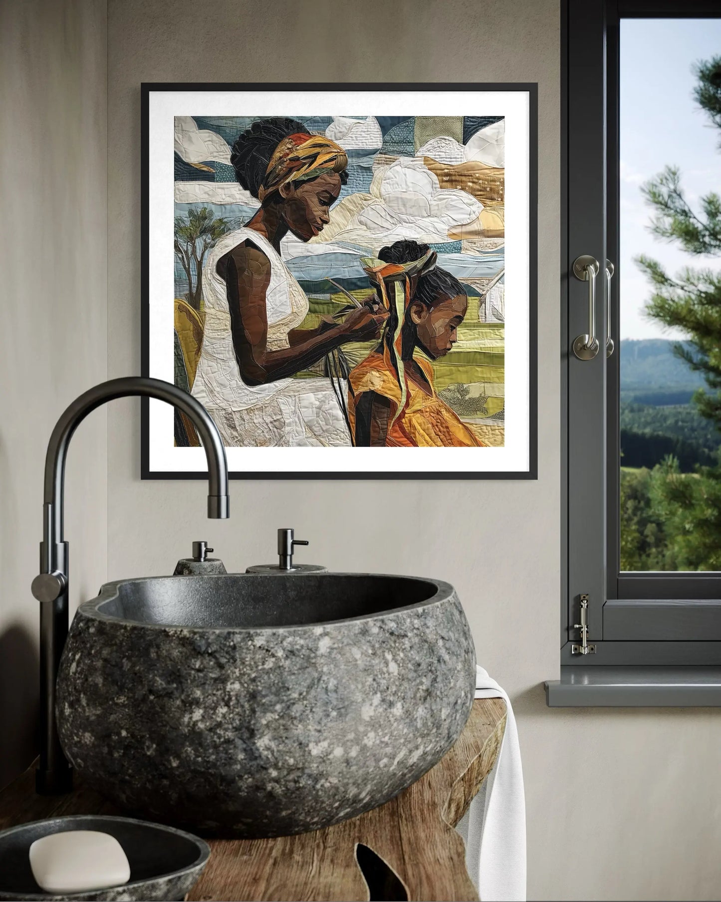 Black mother braiding her daughter’s natural hair outside under a sunny day.  Afrocentric art print showcasing hair care ritual, protective styling, and generational bonding.