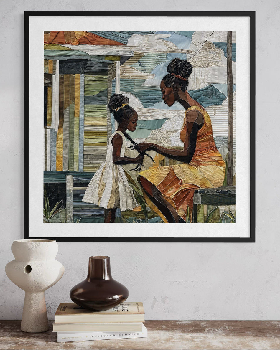 Black mother braiding her daughter’s hair sitting outside on a sunny day. Afrocentric art print showcasing hair care ritual, protective styling, and generational bonding.