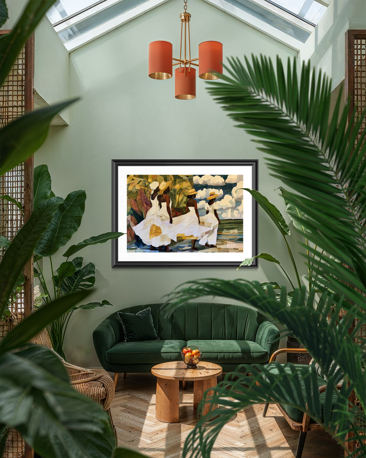 Framed fine art print depicting Afrocentric Gullah Geechee women dressed in white faux quilt-style patter dresses celebrating Black Low Country coastal heritage, African American ancestry, cultural traditions, family, community, and life rooted by the sea.  Displayed on a green wall in a sunroom setting.