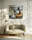 Black mother braiding her daughter’s hair sitting outside on a sunny day. Afrocentric art print showcasing hair care ritual, protective styling, and generational bonding.
