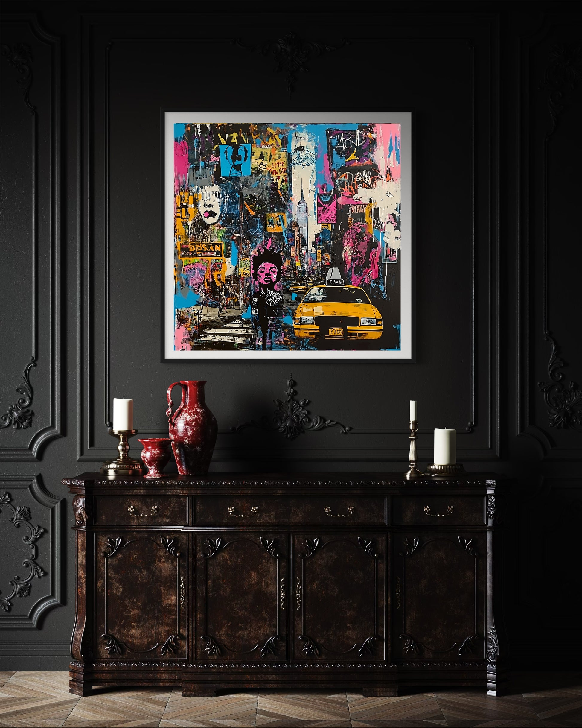 Art print featuring Manhattan yellow taxis in a graffiti-inspired abstract cityscape. Showcases iconic NYC cabs against a gritty urban New York backdrop, perfect for modern wall decor.