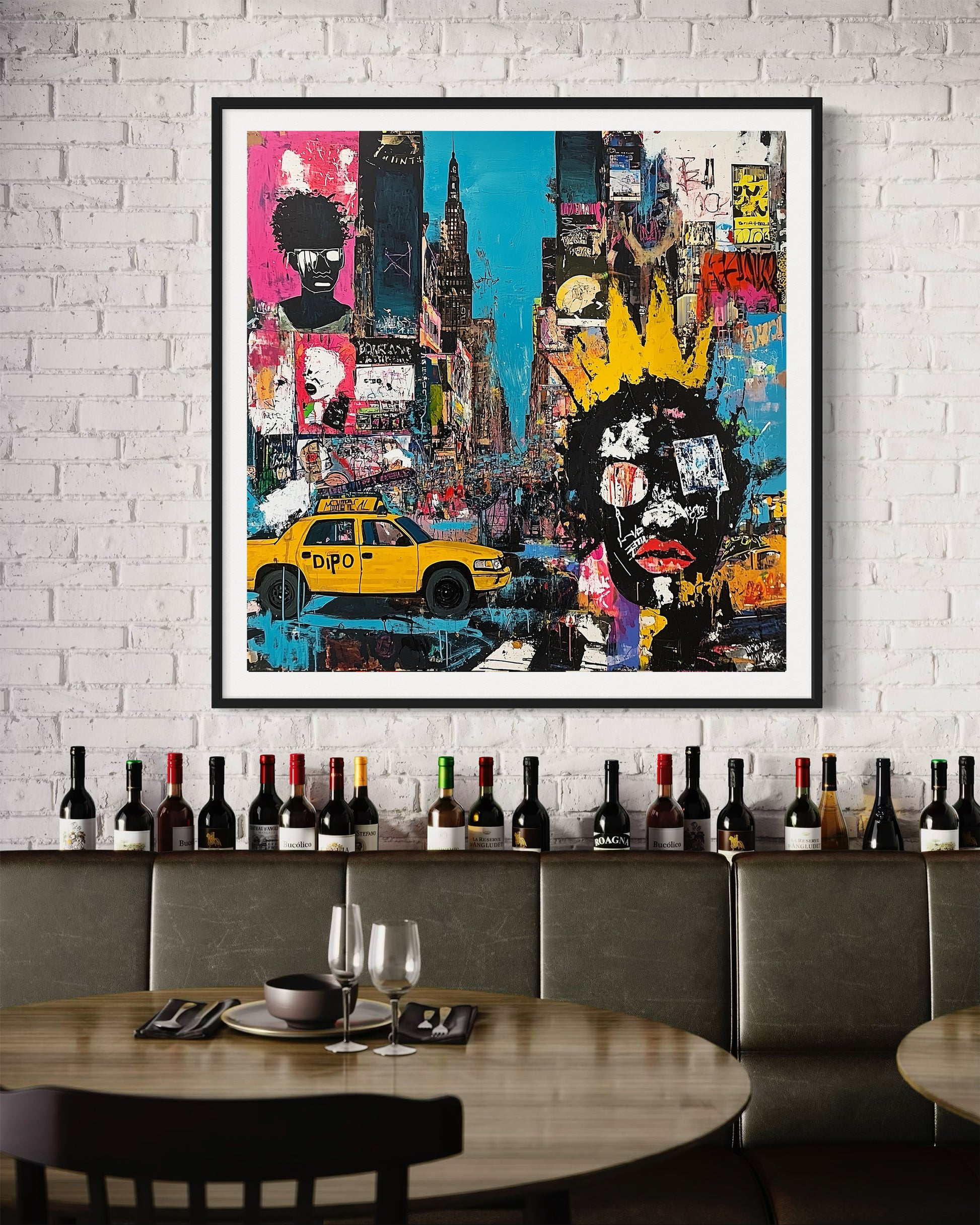 Graffiti-style digital art print of Manhattan, New York City, featuring iconic yellow taxis against a gritty, abstract city landscape with urban textures and bold street art elements.