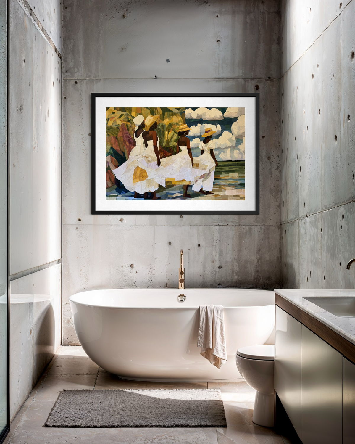 Framed fine art print depicting Afrocentric Gullah Geechee women dressed in white faux quilt-style patter dresses celebrating Black Low Country coastal heritage, African American ancestry, cultural traditions, family, community, and life rooted by the sea.  Displayed on a stonewashed wall above a white bathtub in a modern bathroom setting.