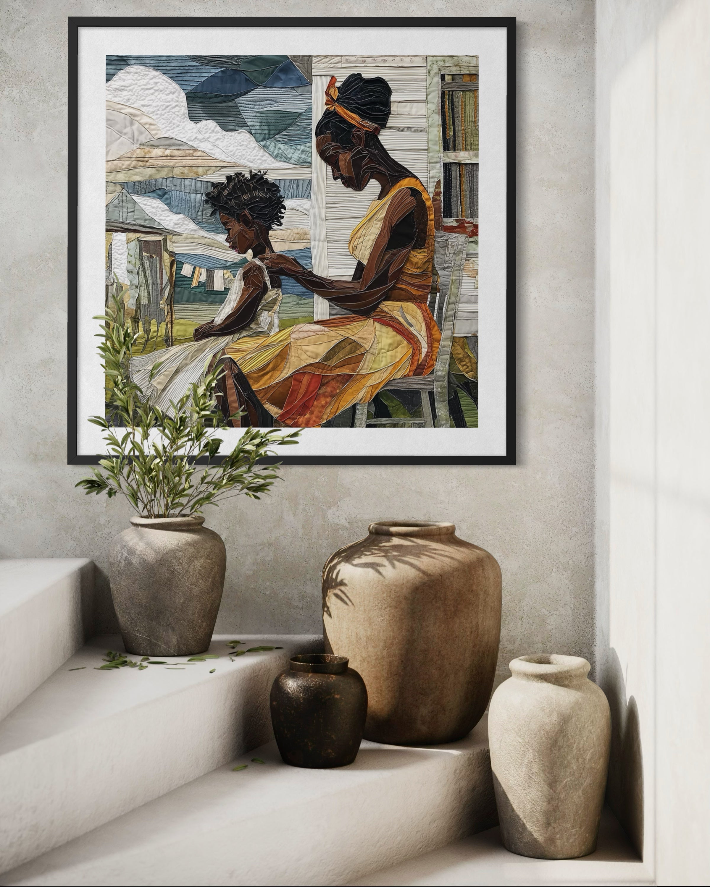 Black mother braiding her daughter’s natural hair in an intimate home setting, Afrocentric art print showcasing hair care ritual, protective styling, and generational bonding.