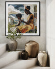 Black mother braiding her daughter’s natural hair in an intimate home setting, Afrocentric art print showcasing hair care ritual, protective styling, and generational bonding.