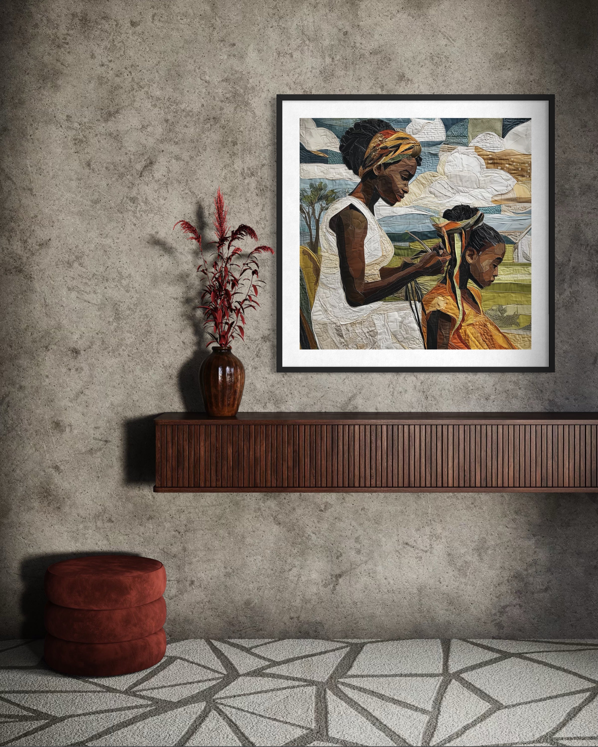Black mother braiding her daughter’s natural hair outside under a sunny day.  Afrocentric art print showcasing hair care ritual, protective styling, and generational bonding.