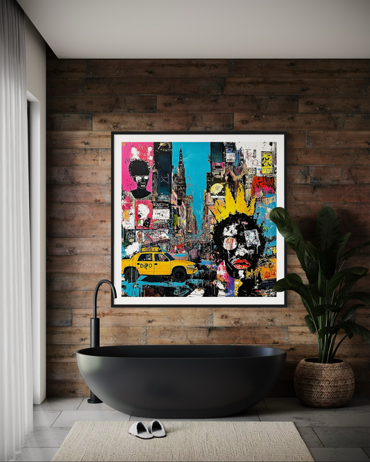 Graffiti-style digital art print of Manhattan, New York City, featuring iconic yellow taxis against a gritty, abstract city landscape with urban textures and bold street art elements.