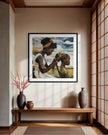 Black mother braiding her daughter’s hair sitting outside on a sunny day. Afrocentric art print showcasing hair care ritual, protective styling, and generational bonding.