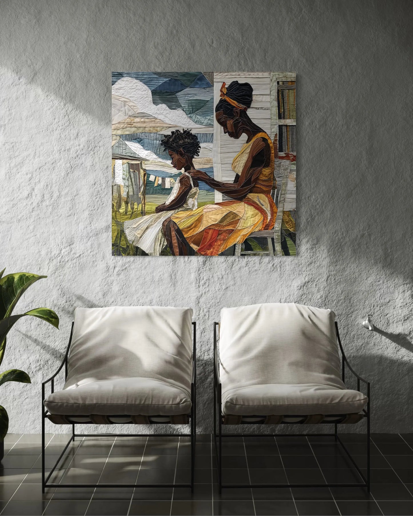 Black mother braiding her daughter’s natural hair in an intimate home setting, Afrocentric art print showcasing hair care ritual, protective styling, and generational bonding.