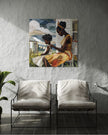 Black mother braiding her daughter’s natural hair in an intimate home setting, Afrocentric art print showcasing hair care ritual, protective styling, and generational bonding.