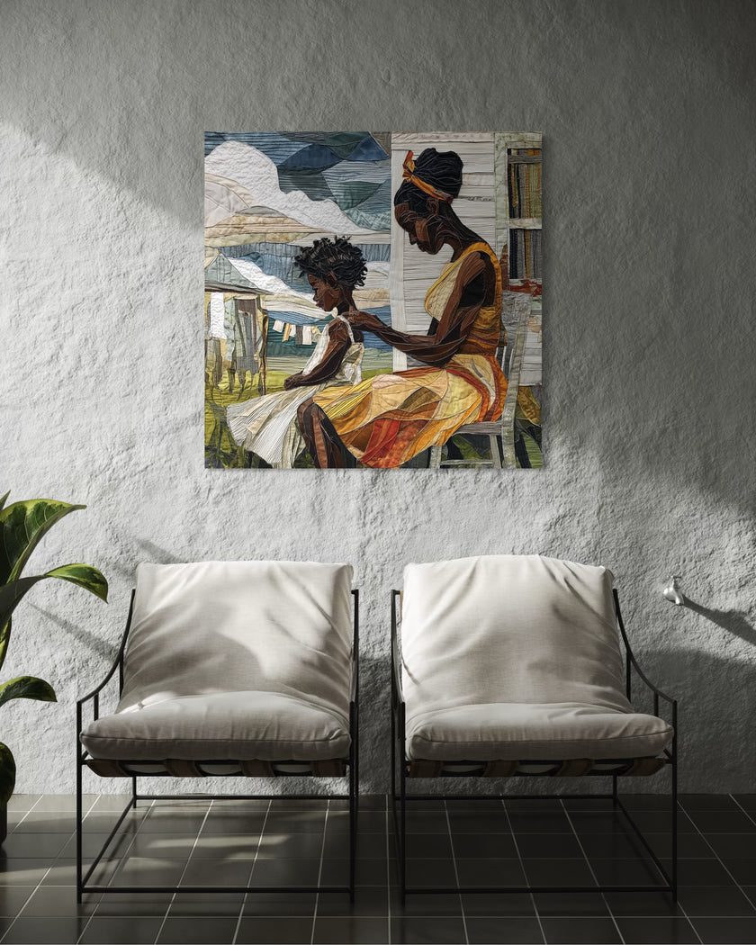 Black mother braiding her daughter’s natural hair in an intimate home setting, Afrocentric art print showcasing hair care ritual, protective styling, and generational bonding.