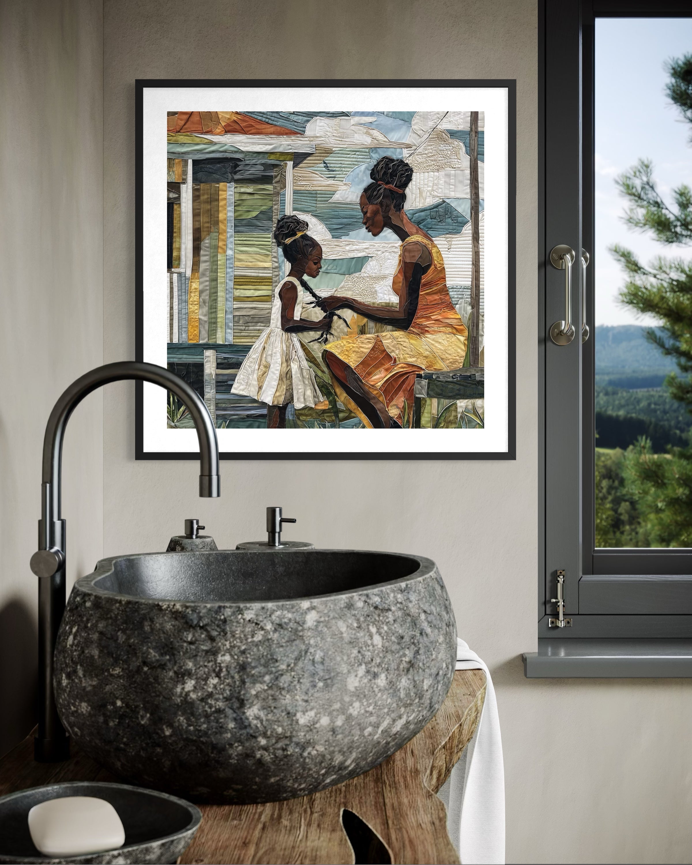 Black mother braiding her daughter’s hair sitting outside on a sunny day. Afrocentric art print showcasing hair care ritual, protective styling, and generational bonding.