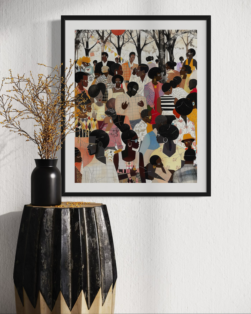 Juneteenth Art Print featuring an African American family reunion celebration in an Afrocentric outdoor setting. Vibrant digital artwork showcasing Black joy, unity, and heritage with bold colors representing freedom and cultural pride.