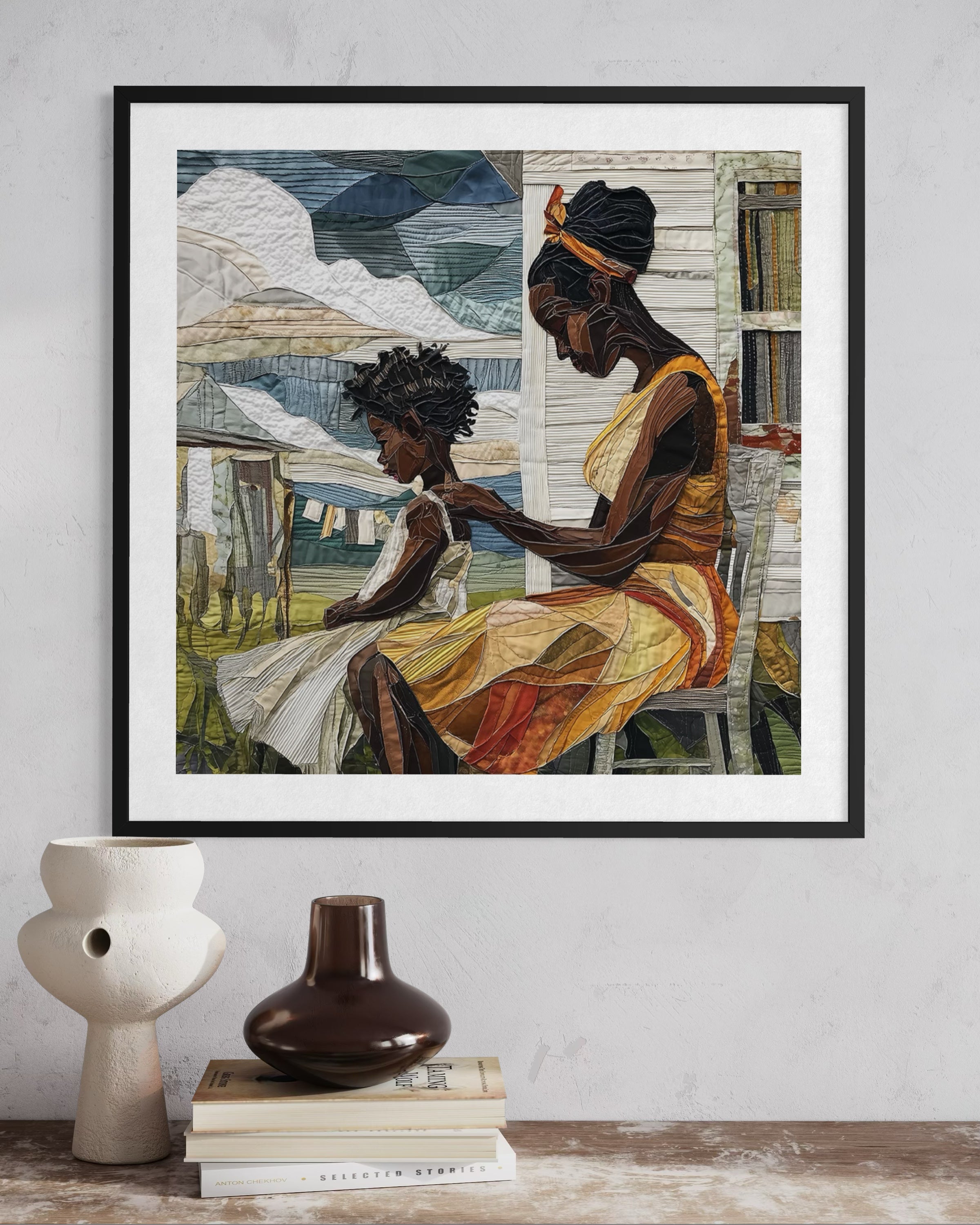 Black mother braiding her daughter’s natural hair in an intimate home setting, Afrocentric art print showcasing hair care ritual, protective styling, and generational bonding.