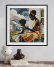 Black mother braiding her daughter’s natural hair in an intimate home setting, Afrocentric art print showcasing hair care ritual, protective styling, and generational bonding.