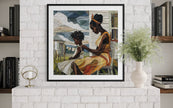 Black mother braiding her daughter’s natural hair in an intimate home setting, Afrocentric art print showcasing hair care ritual, protective styling, and generational bonding.