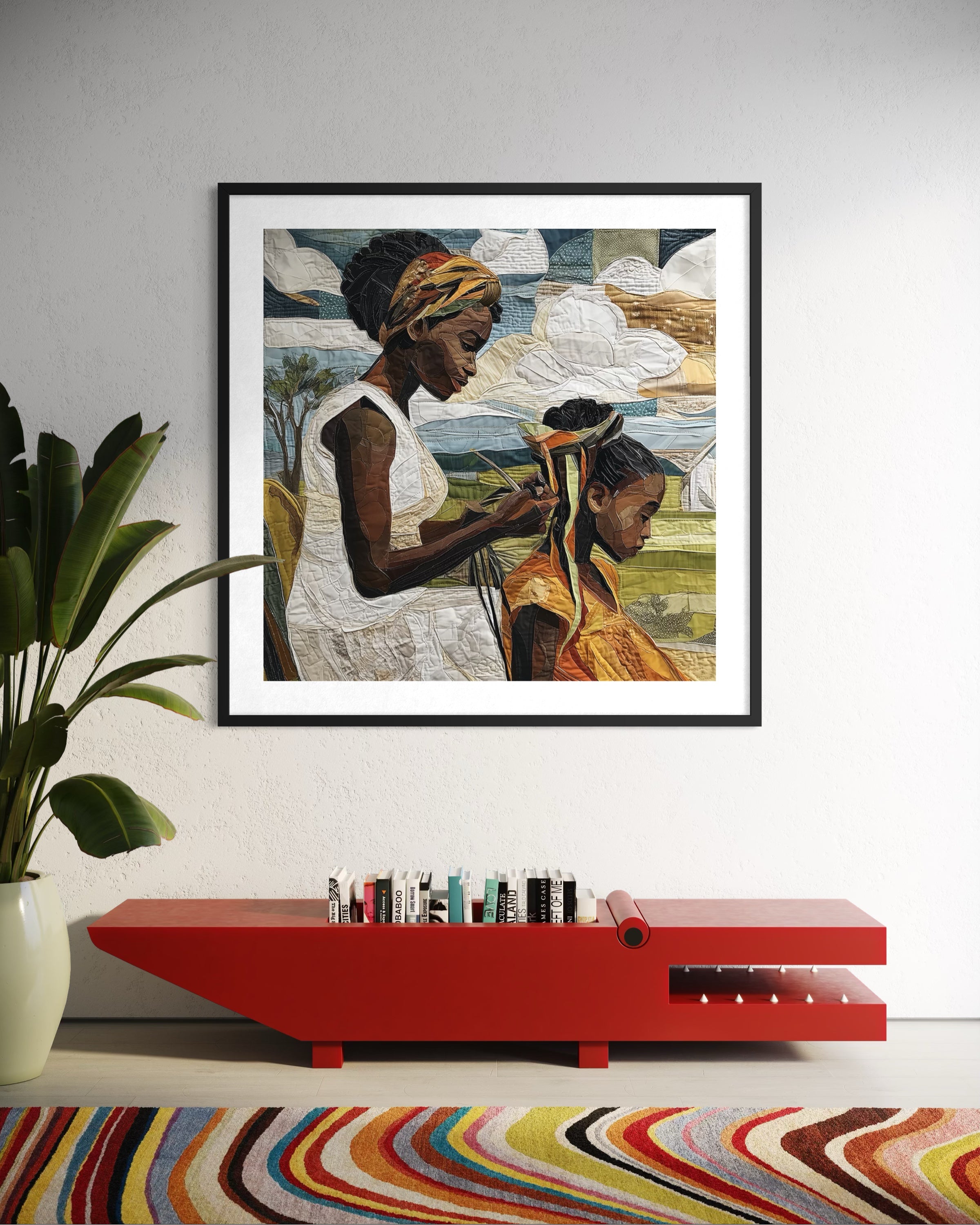 Black mother braiding her daughter’s natural hair outside under a sunny day.  Afrocentric art print showcasing hair care ritual, protective styling, and generational bonding.