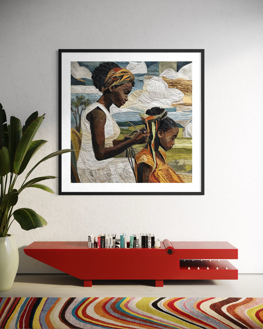 Black mother braiding her daughter’s natural hair outside under a sunny day.  Afrocentric art print showcasing hair care ritual, protective styling, and generational bonding.