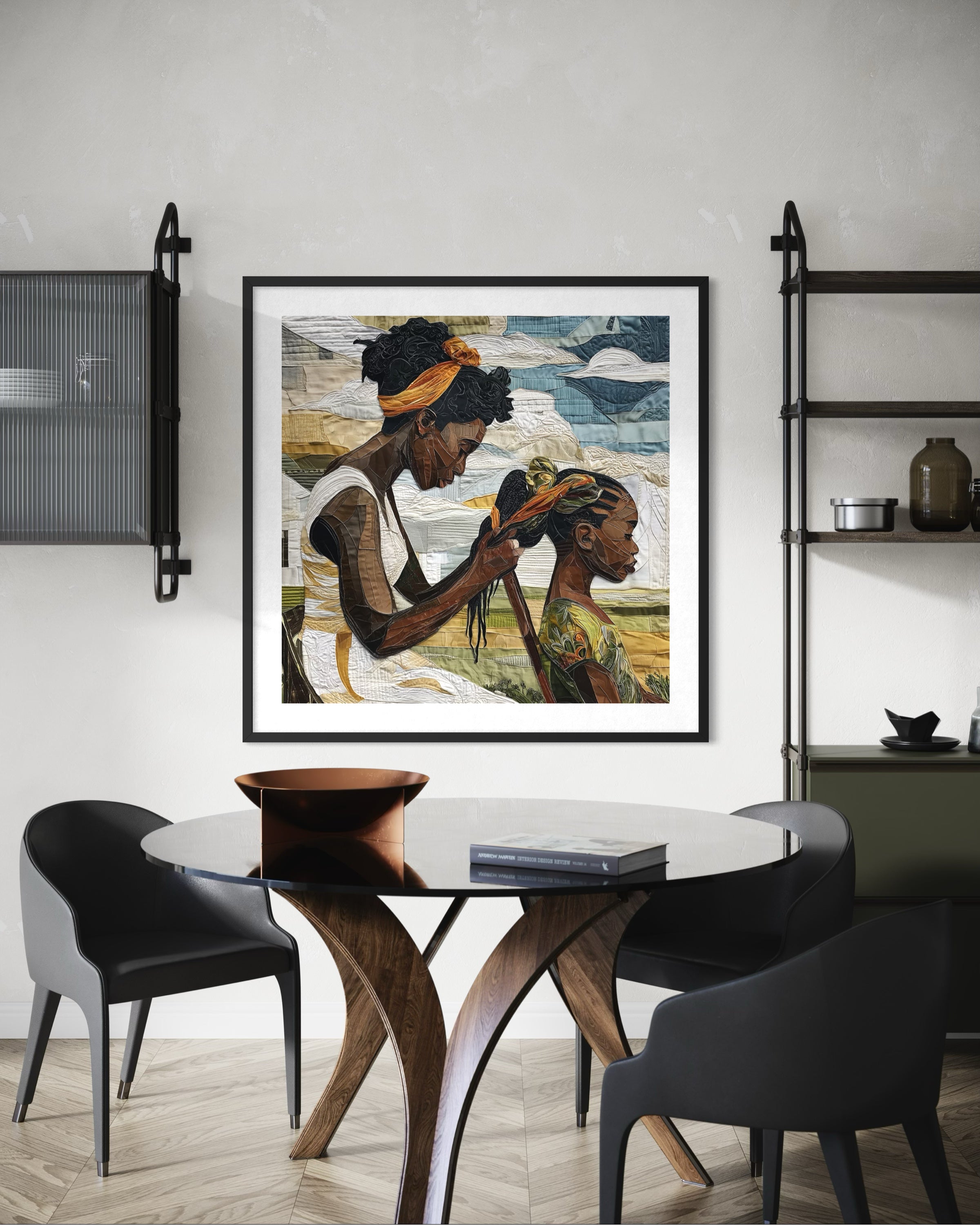 Black mother braiding her daughter’s hair sitting outside on a sunny day. Afrocentric art print showcasing hair care ritual, protective styling, and generational bonding.