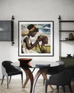 Black mother braiding her daughter’s hair sitting outside on a sunny day. Afrocentric art print showcasing hair care ritual, protective styling, and generational bonding.
