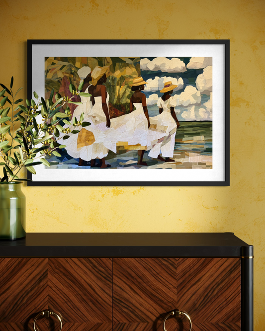 Framed fine art print depicting Afrocentric Gullah Geechee women dressed in white faux quilt-style patter dresses celebrating Black Low Country coastal heritage, African American ancestry, cultural traditions, family, community, and life rooted by the sea.  Displayed on an yellow wall above a dark panel console cabinet.