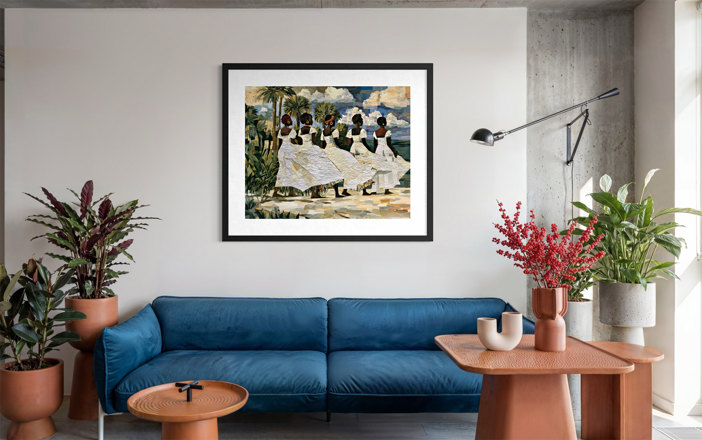 Framed fine art print depicting Afrocentric Gullah Geechee women dressed in white faux quilt-style pattern dresses celebrating Black Lowcountry coastal heritage, African American ancestry, cultural traditions, family, community, and life rooted by the sea.  Hanging on a light gray wall above a blue sofa in a modern living room setting.