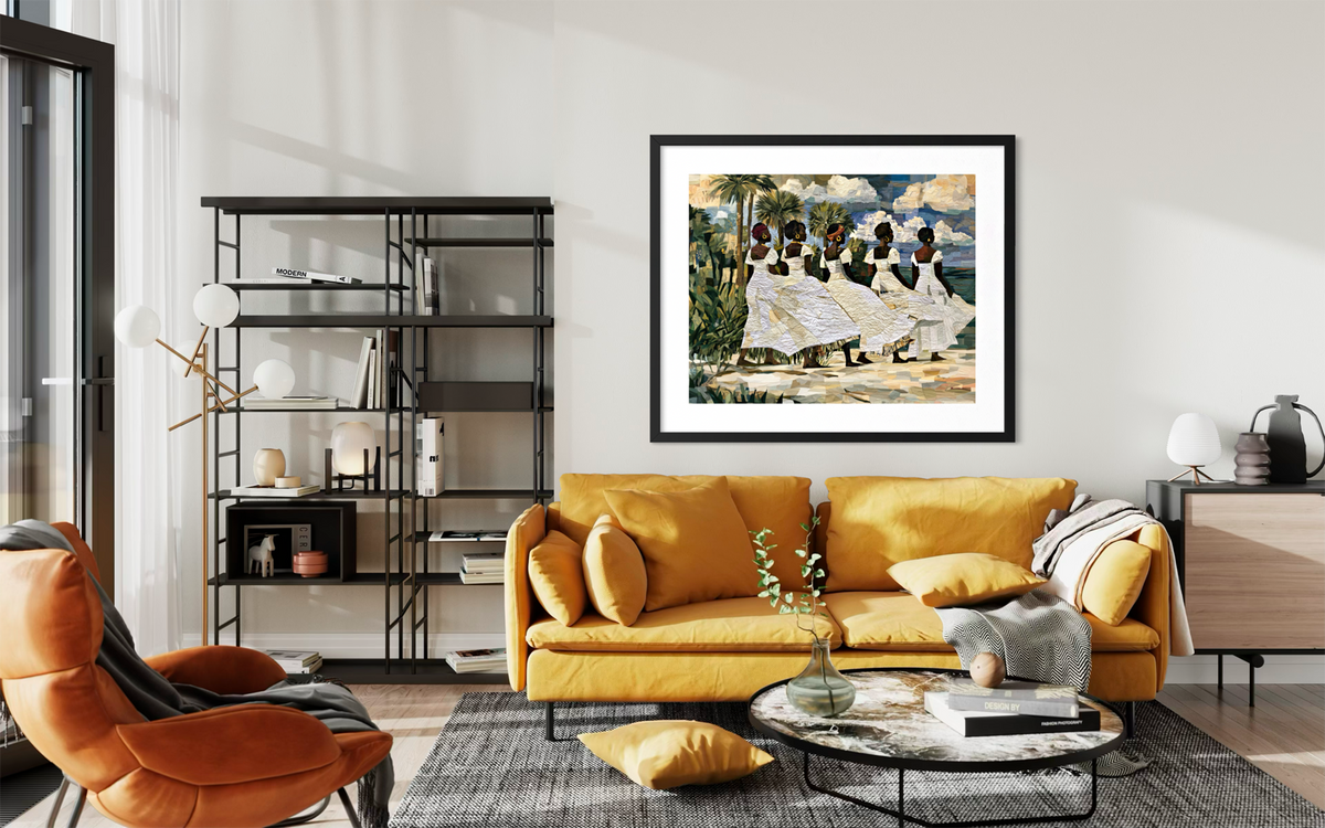 Framed fine art print depicting Afrocentric Gullah Geechee women dressed in white faux quilt-style pattern dresses celebrating Black Lowcountry coastal heritage, African American ancestry, cultural traditions, family, community, and life rooted by the sea.  Styled in a modern living room above a mustard yellow sofa.
