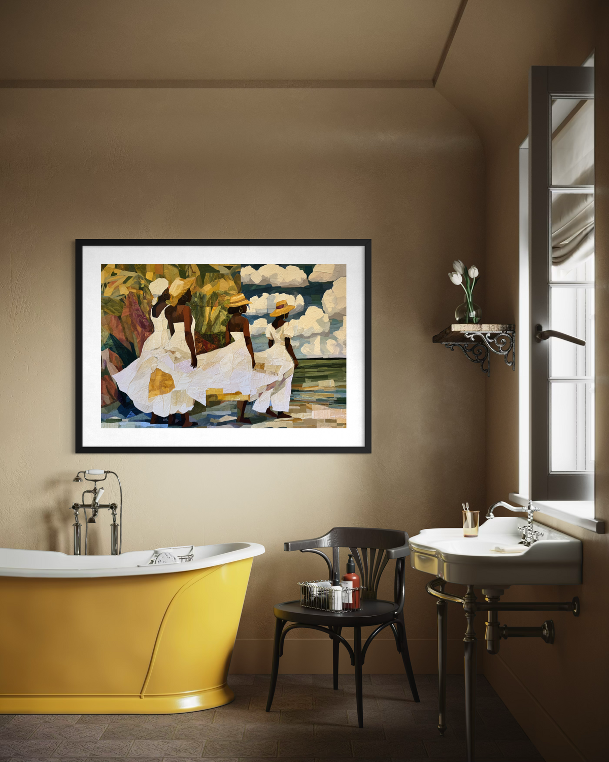 Framed fine art print depicting Afrocentric Gullah Geechee women dressed in white faux quilt-style patter dresses celebrating Black Low Country coastal heritage, African American ancestry, cultural traditions, family, community, and life rooted by the sea.  Displayed on an off-white wall above a yellow bathtub in a bathroom setting.