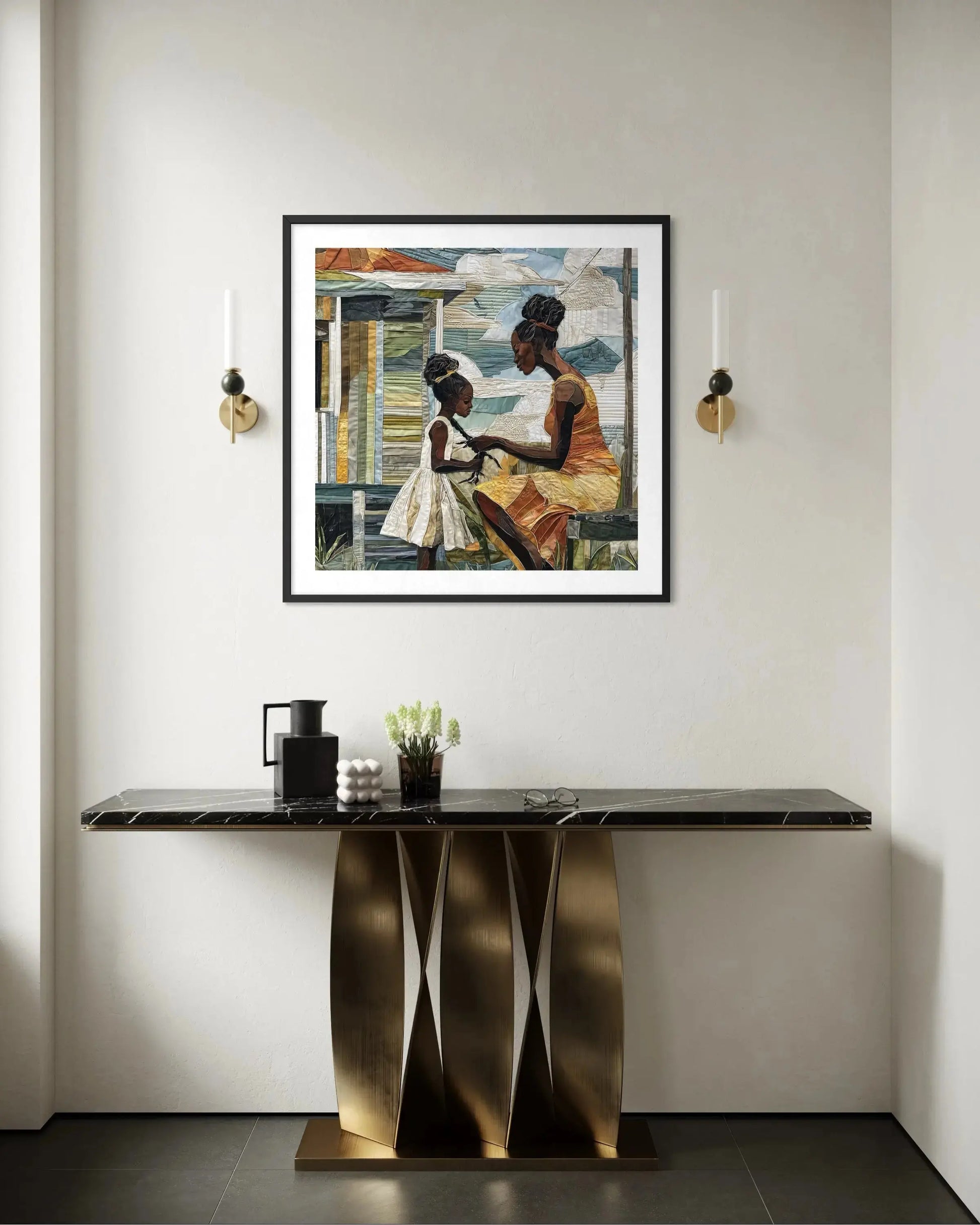 Black mother braiding her daughter’s hair sitting outside on a sunny day. Afrocentric art print showcasing hair care ritual, protective styling, and generational bonding.