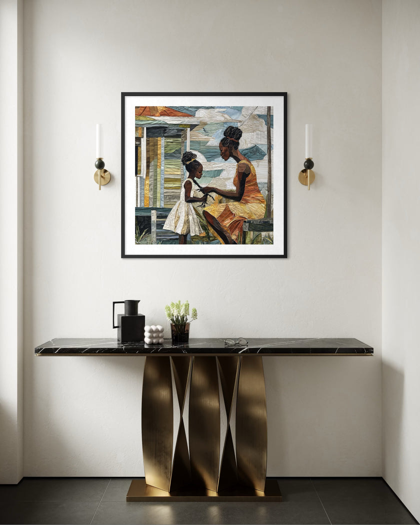 Black mother braiding her daughter’s hair sitting outside on a sunny day. Afrocentric art print showcasing hair care ritual, protective styling, and generational bonding.