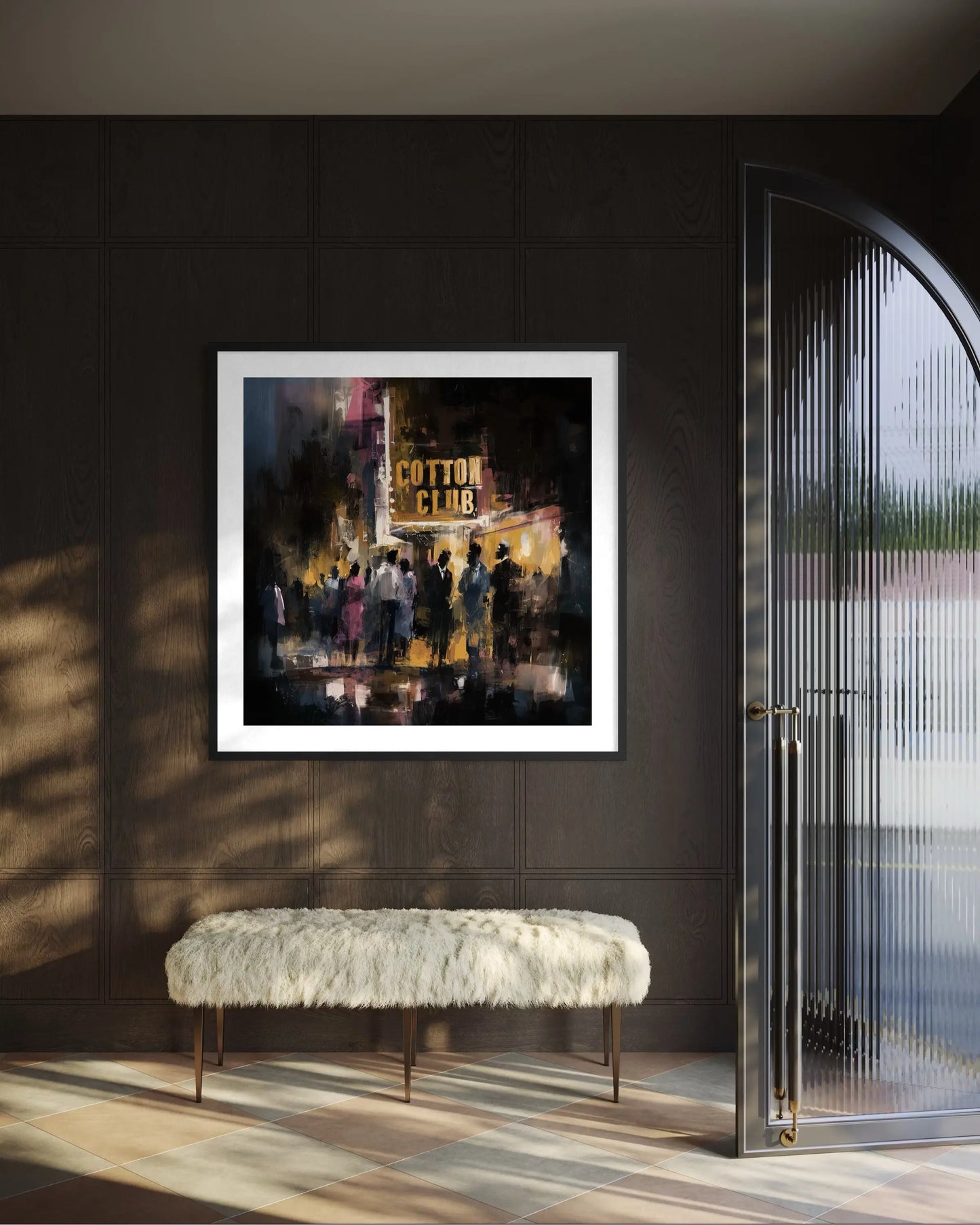 Harlem Cotton Club art print showing Black people standing outside the historic jazz nightclub with a glowing marquee at night in a Harlem Renaissance style street scene.