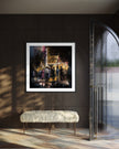 Harlem Cotton Club art print showing Black people standing outside the historic jazz nightclub with a glowing marquee at night in a Harlem Renaissance style street scene.