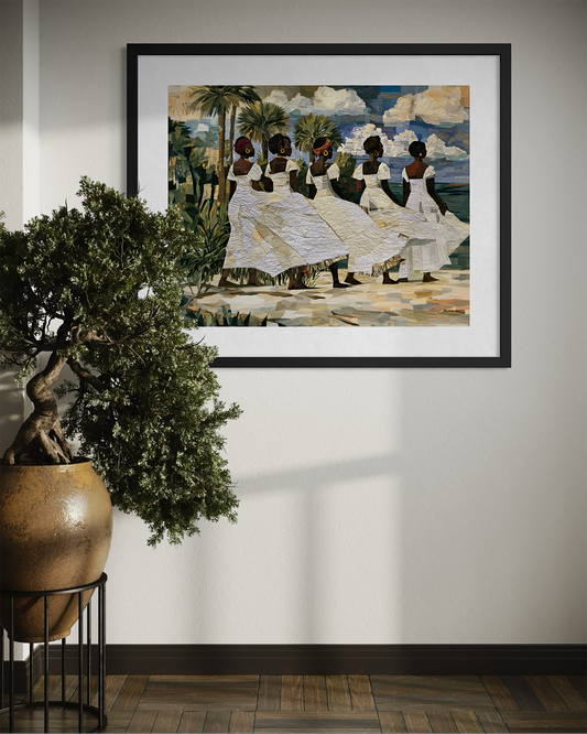A fine art print depicting Afrocentric Gullah Geechee women dressed in white faux quilt-style patter dresses celebrating Black Lowcountry coastal heritage, African American ancestry, cultural traditions, family, community, and life rooted by the sea. Image is displayed on a light gray wall next to a potted bonsai tree.