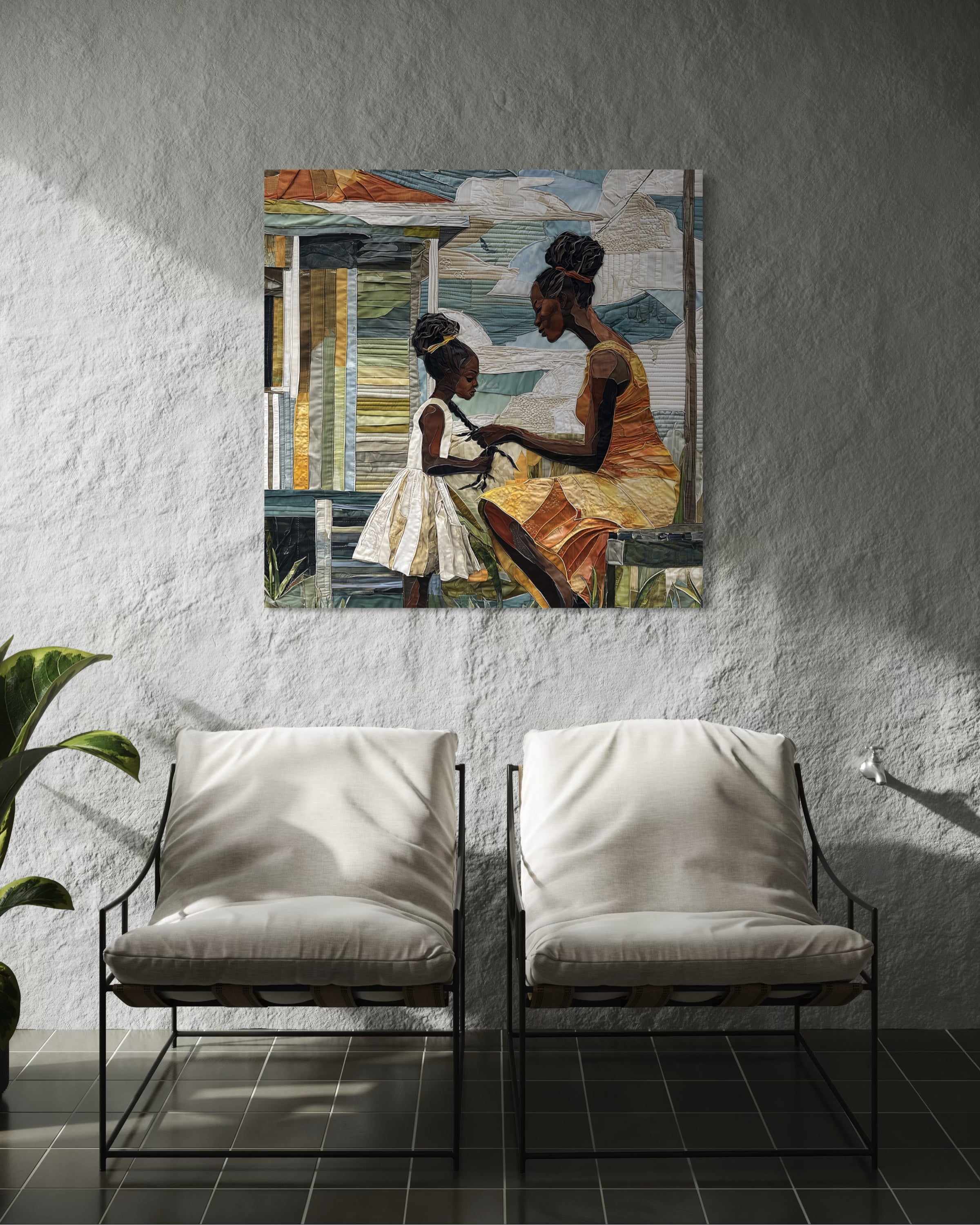 Black mother braiding her daughter’s hair sitting outside on a sunny day. Afrocentric art print showcasing hair care ritual, protective styling, and generational bonding.