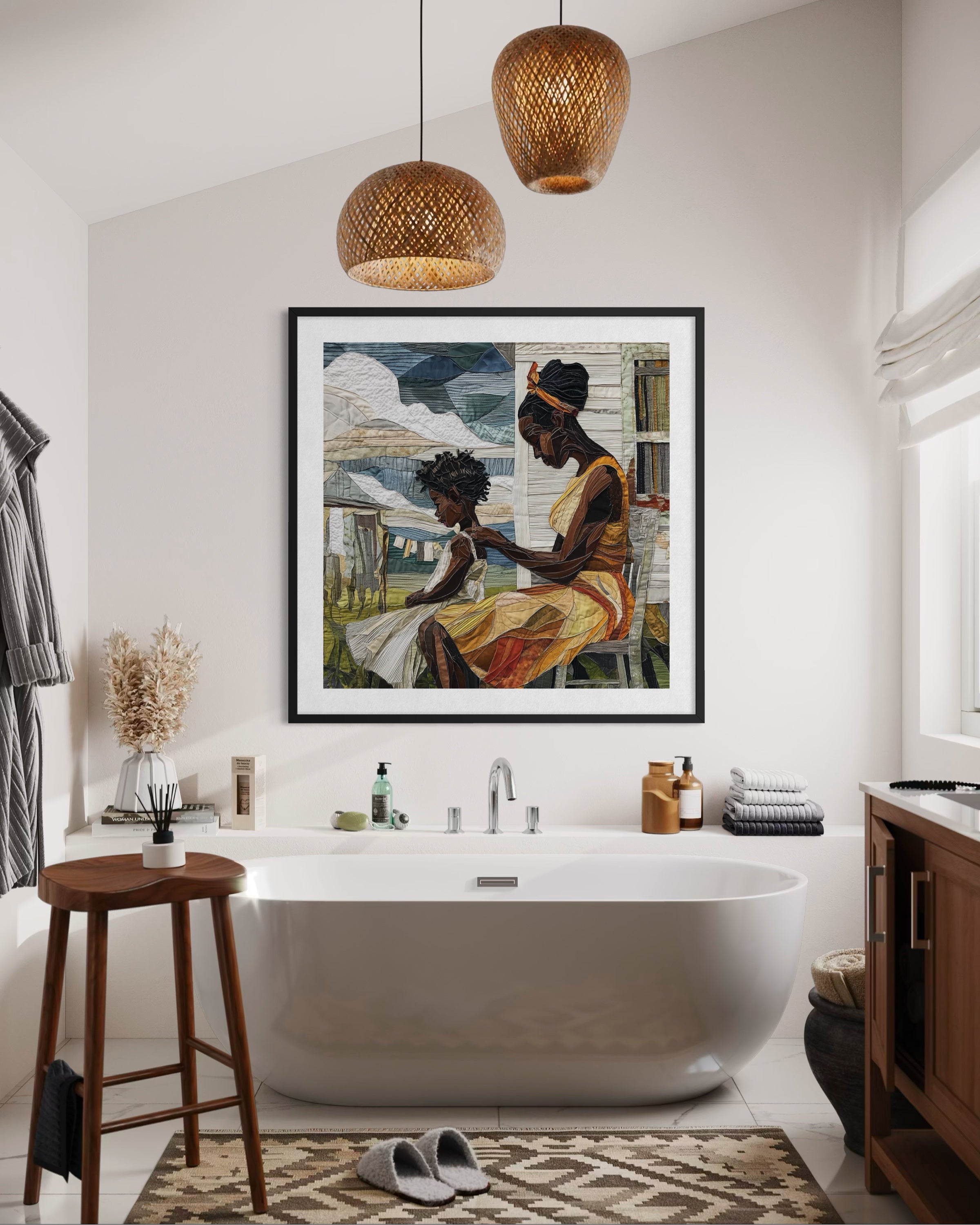 Black mother braiding her daughter’s natural hair in an intimate home setting, Afrocentric art print showcasing hair care ritual, protective styling, and generational bonding.
