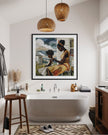Black mother braiding her daughter’s natural hair in an intimate home setting, Afrocentric art print showcasing hair care ritual, protective styling, and generational bonding.