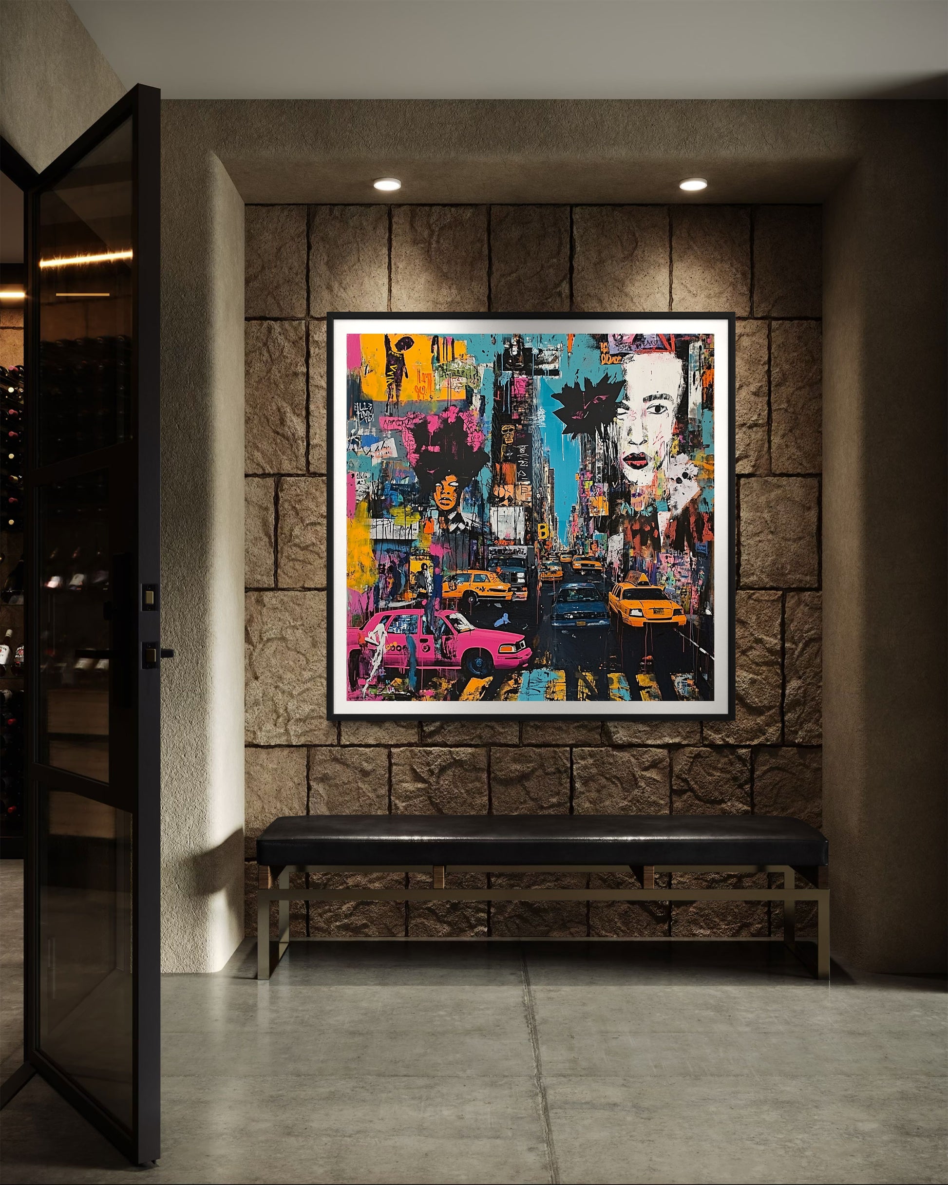 Art print featuring Manhattan yellow taxis in a graffiti-inspired abstract cityscape. Showcases iconic NYC cabs against a gritty urban New York backdrop, perfect for modern wall decor.