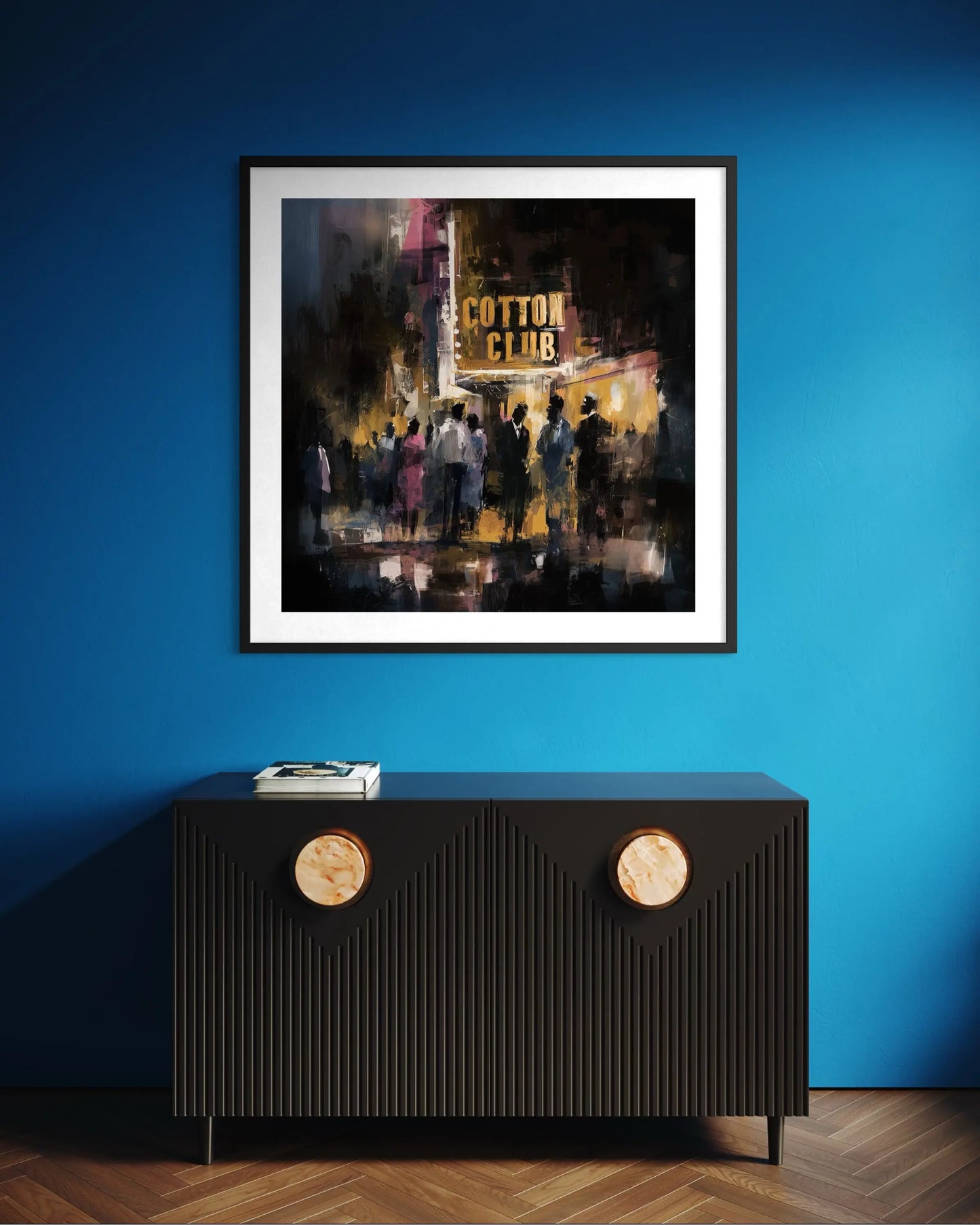 Harlem Cotton Club art print showing Black people standing outside the historic jazz nightclub with a glowing marquee at night in a Harlem Renaissance style street scene.