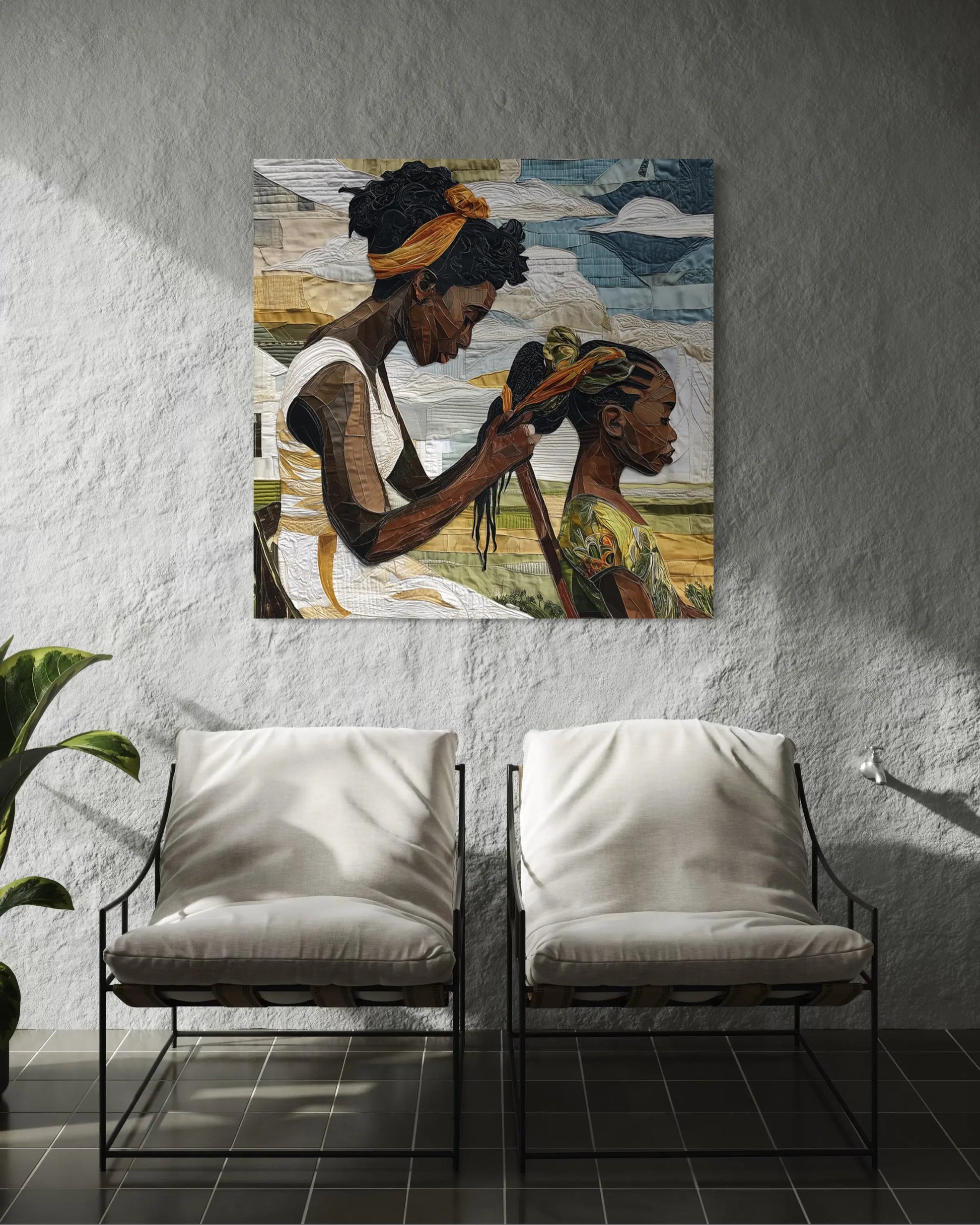 Black mother braiding her daughter’s hair sitting outside on a sunny day. Afrocentric art print showcasing hair care ritual, protective styling, and generational bonding.