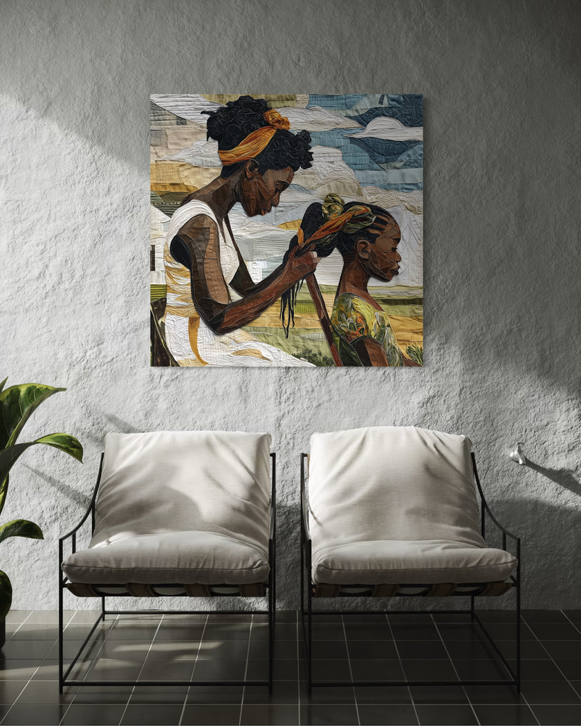 Black mother braiding her daughter’s hair sitting outside on a sunny day. Afrocentric art print showcasing hair care ritual, protective styling, and generational bonding.