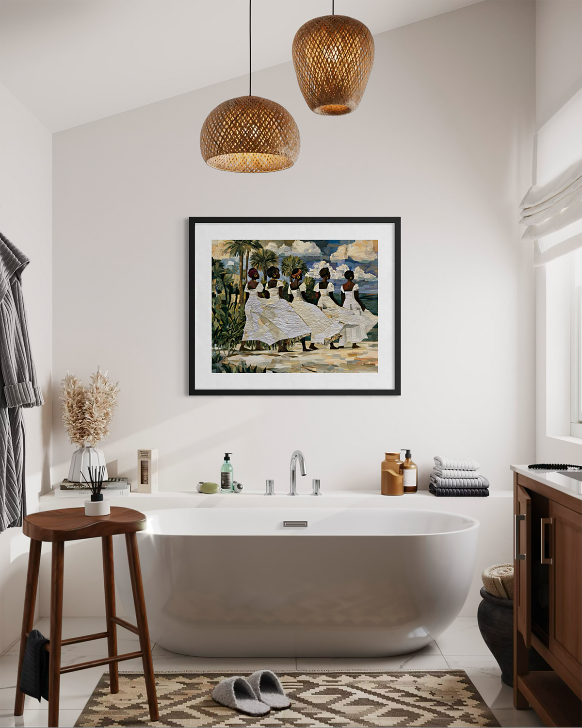Framed fine art print depicting Afrocentric Gullah Geechee women dressed in white faux quilt-style pattern dresses celebrating Black Lowcountry coastal heritage, African American ancestry, cultural traditions, family, community, and life rooted by the sea.  Displayed on a white wall above a freestanding bathtub in a modern, styled bathroom.
